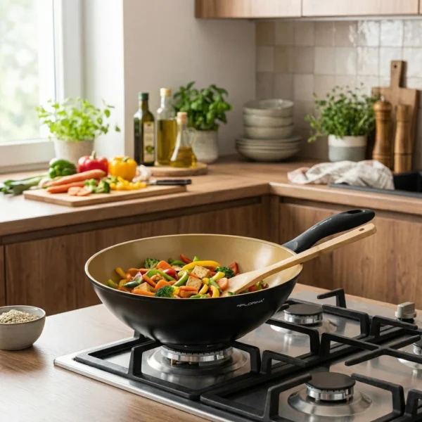 Pan on a gas stove sautés colorful mixed vegetables with a wooden spatula inside.