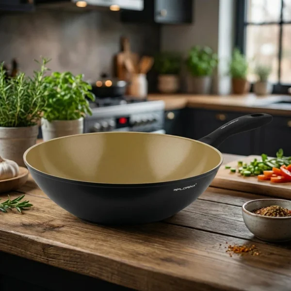 Nonstick frying pan with a beige interior on a wooden kitchen island, surrounded by herbs and chopped vegetables.