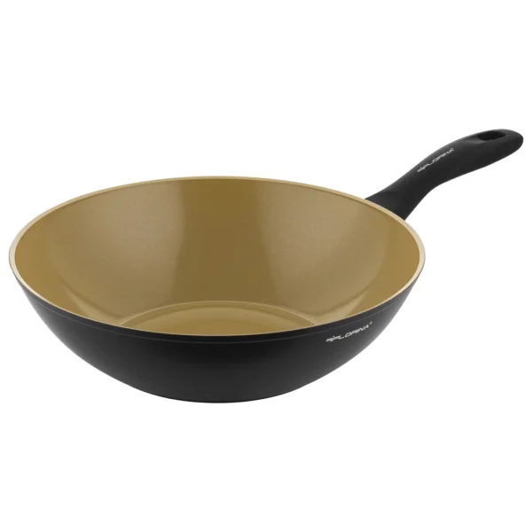 Nonstick frying pan with a black exterior and a gold-toned interior, handle extending to the right.