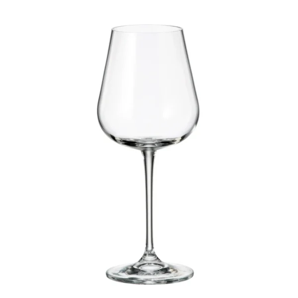 Clear wine glass on a white background, empty and centered