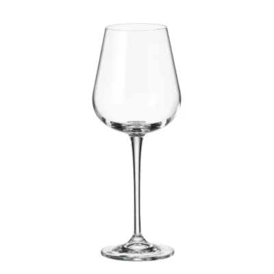 Clear wine glass with a long stem against a white background, isolated for emphasis on its shape and clarity.