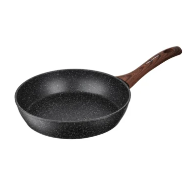 Nonstick frying pan with a speckled black interior and wooden handle