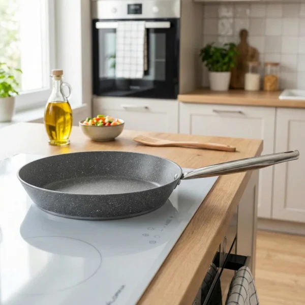 Non-stick frying pan on an induction hob on a kitchen island, with olive oil bottle and chopped vegetables in the background.